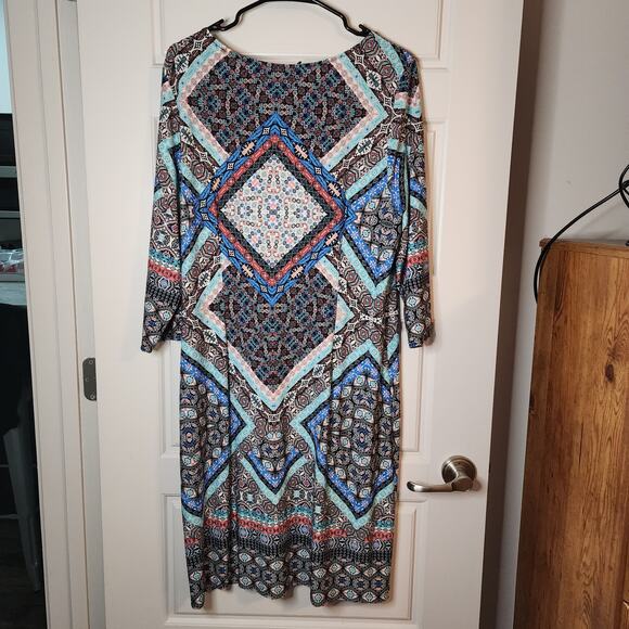 Be by Chetta Womens Dress Knit Sz 16 Black Multi Print Half Sleeve Midi Boho - Picture 4 of 9
